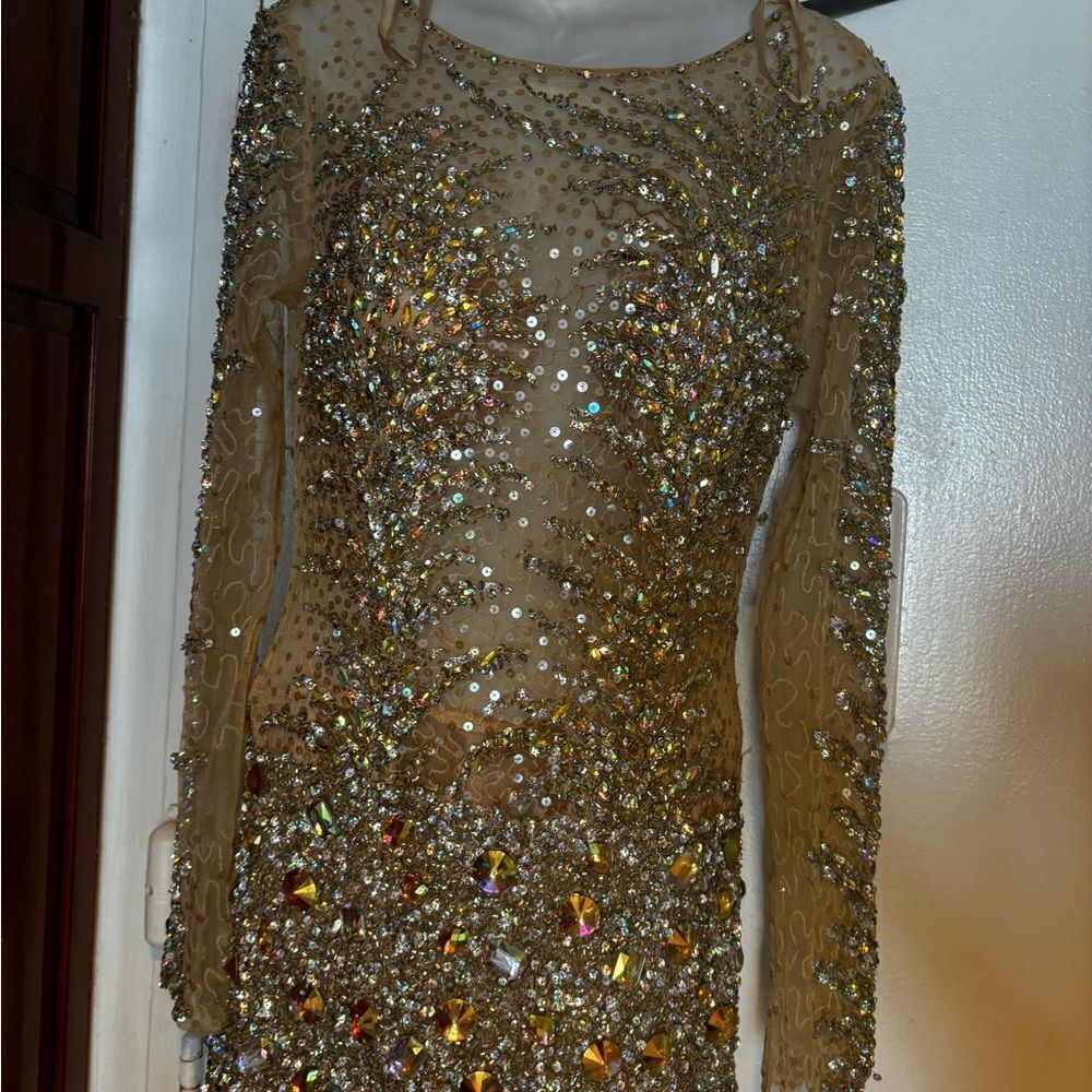 Royal queen rhinestone runway dress beaded bodycon sparkle crystal gems see thru - Picture 2 of 8